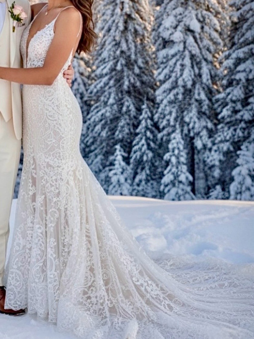 Madison James Lace Mermaid Wedding Dress MJ510 | V Front Low Open Back | Size 6